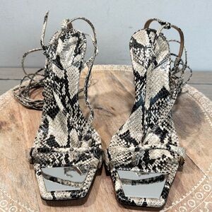 Schutz Vikki T Strap Leather Snakeskin Ankle Tie Up Stiletto Heels Size‎ 8.5 B